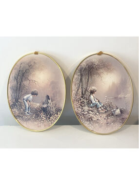 Vintage Ecstasy Giftware Oval Wall Plaques Set Of 2 Boy Fishing Scene 80s